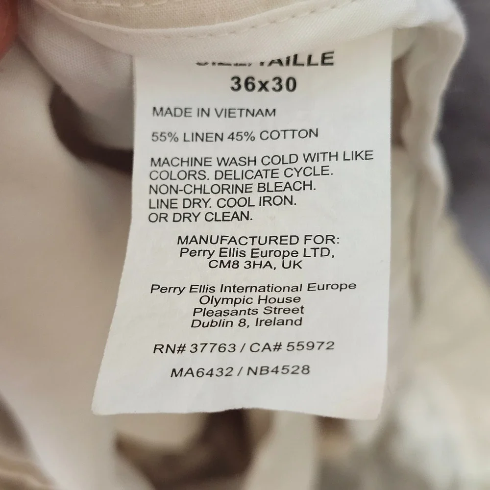 Perry Ellis Linen Blend Pants Mens 36x30 Beige Flat Front Chino Trousers